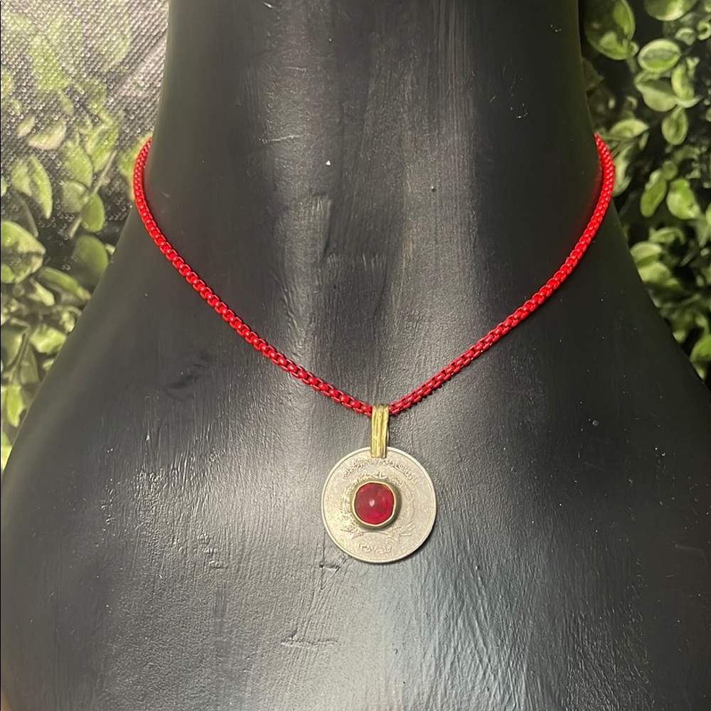 Elegant Red and Silver Vintage Coin Pendant Necklace 20” Chain
